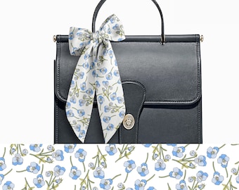 Liberty London Neck Purse Head Scarf - Choose Length - Pansy Ros Blue Floral Skinny Scarf Bow - Tie headband Handbag flair - Silky Lawn