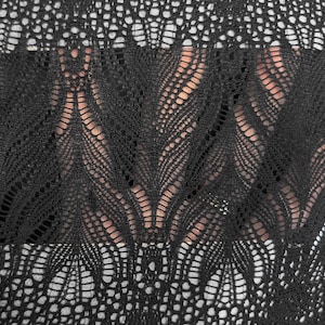 May include: Close-up of a black lace fabric with a delicate, openwork design. The intricate pattern features a repeating motif of stylized leaves or feathers, creating a textured and airy appearance. The lace is likely used for clothing or decorative purposes.