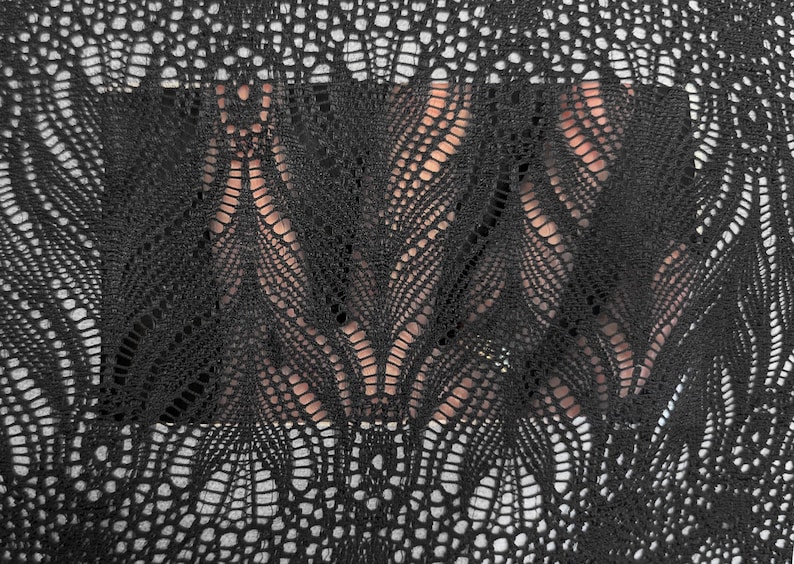 May include: Close-up of a black lace fabric with a delicate, openwork design. The intricate pattern features a repeating motif of stylized leaves or feathers, creating a textured and airy appearance. The lace is likely used for clothing or decorative purposes.
