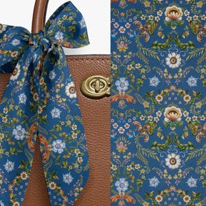 Liberty London Scarf - Purse-Head-Neck - Choose Length - Rosemaling Blue Skinny Scarf, Bow - Tie headband, Handbag flair - Silky Lawn