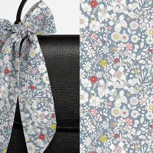 Liberty London Scarf - Purse-Head-Neck -Choose Length-June&#39;s Meadow Gray Floral Skinny Scarf, Bow-Tie headband Handbag flair-Silky Tana Lawn