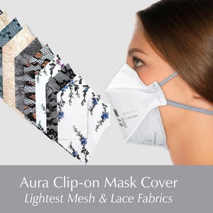 May include: Aura clip-on mask covers in various colors and patterns, including lace and floral designs. A woman is wearing a white mask. The text reads "Aura Clip-on Mask Cover Lightest Mesh & Lace Fabrics."