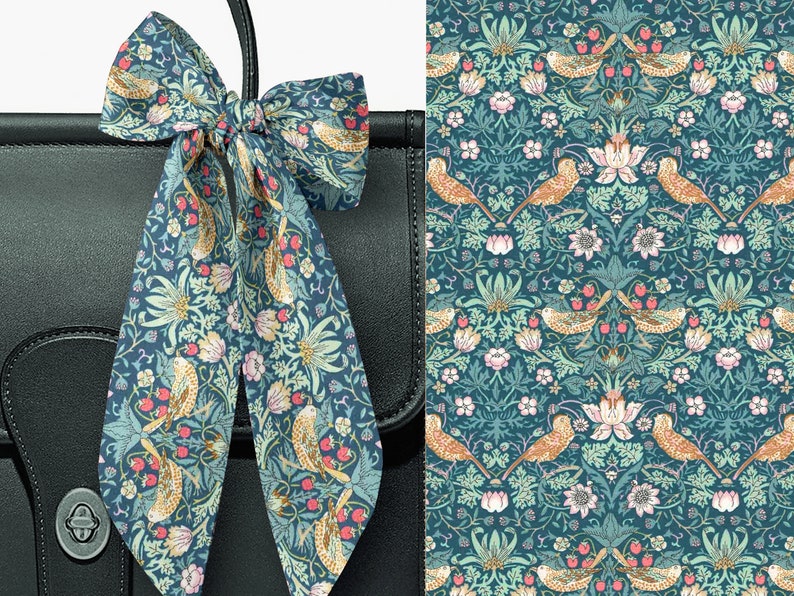 Liberty London Scarf Purse-Hair-Neck 22 to 52 length Strawberry Thief William Morris Skinny Scarf Bow Tie headband Handbag flair image 1