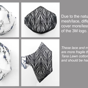 May include: Four face mask covers are shown. Two are white with blue floral embroidery, and two are black lace. Text on the right states that the lace and mesh covers are more fragile than cotton covers.