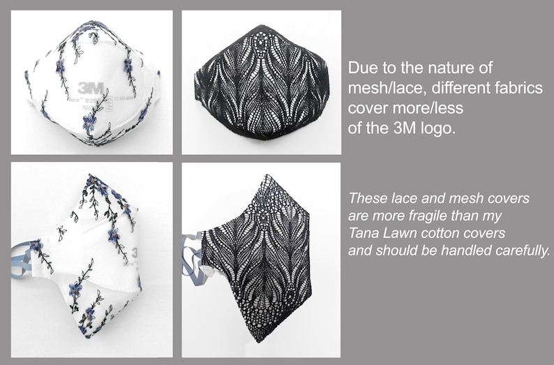 May include: Four face mask covers are shown. Two are white with blue floral embroidery, and two are black lace. Text on the right states that the lace and mesh covers are more fragile than cotton covers.