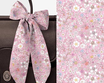 Liberty London Scarf - Purse-Head-Neck -Choose Length-June's Meadow Pink Floral Skinny Scarf, Bow-Tie headband Handbag flair-Silky Tana Lawn