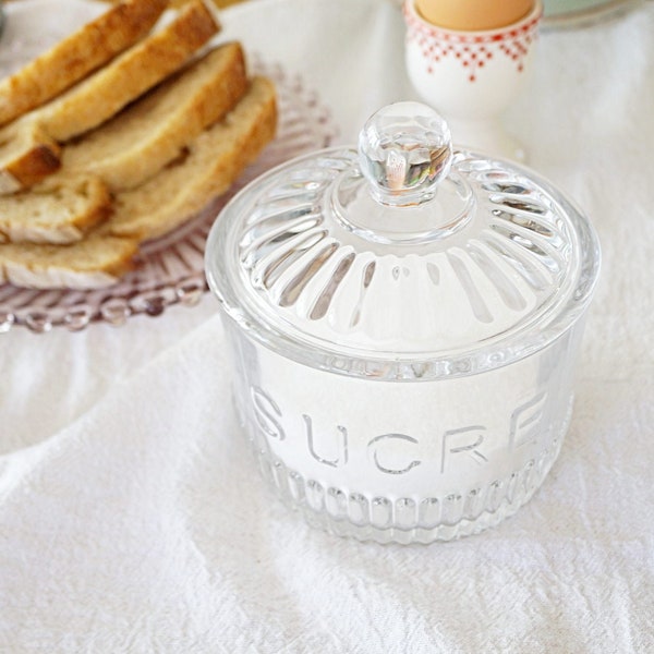 Sugar Bowl with Lid-Sugar Jar-Sugar Bowl Glass-Depression Glass Jar-Glass Canister-Sugar Canister-Glass jar with lid-French Home Decor