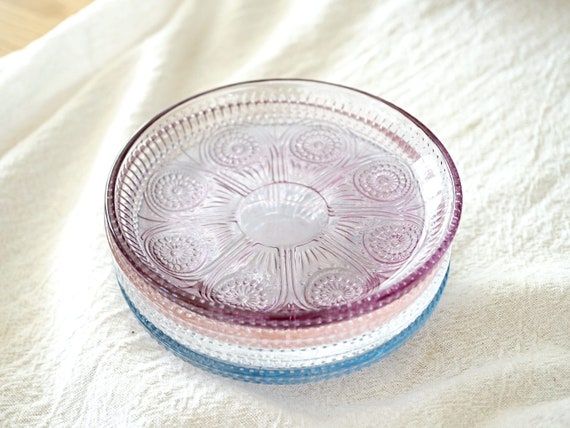 Depression Glass Plate Set-dessert Plates-colored Glass Plate-small Glass  Plates-vintage Color Glass Dish-pastel Glass Dishes 