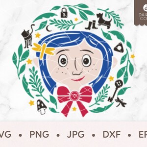 Puede incluir: Ilustración digital de una niña de dibujos animados con cabello azul, rodeada por una corona de hojas verdes y elementos caprichosos. La niña lleva un lazo rojo. La imagen incluye el texto "SVG • PNG • JPG • DXF • EPS".