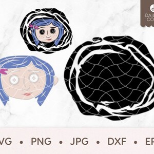 May include: A digital design featuring a black and white illustration of a girl with blue hair and a black and white swirl pattern. The design is available in SVG, PNG, JPG, DXF, and EPS formats.