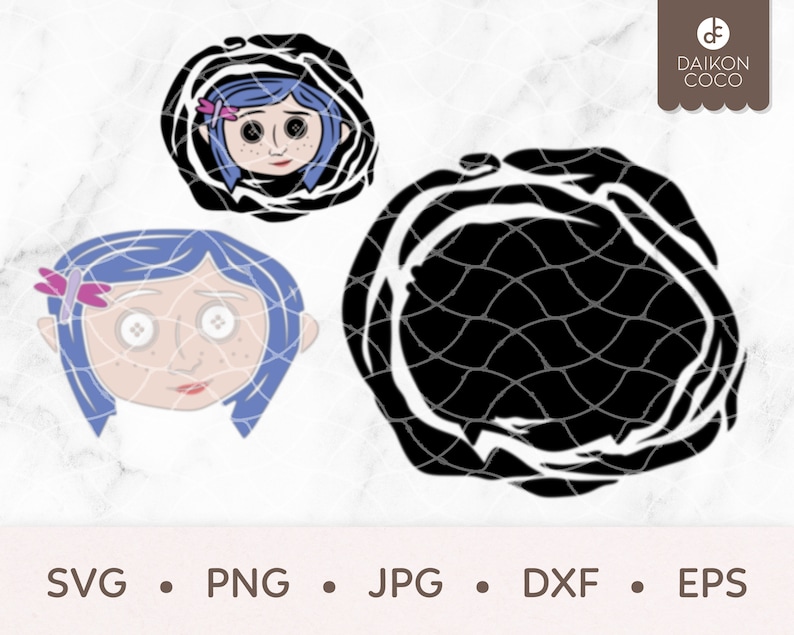 May include: A digital design featuring a black and white illustration of a girl with blue hair and a black and white swirl pattern. The design is available in SVG, PNG, JPG, DXF, and EPS formats.