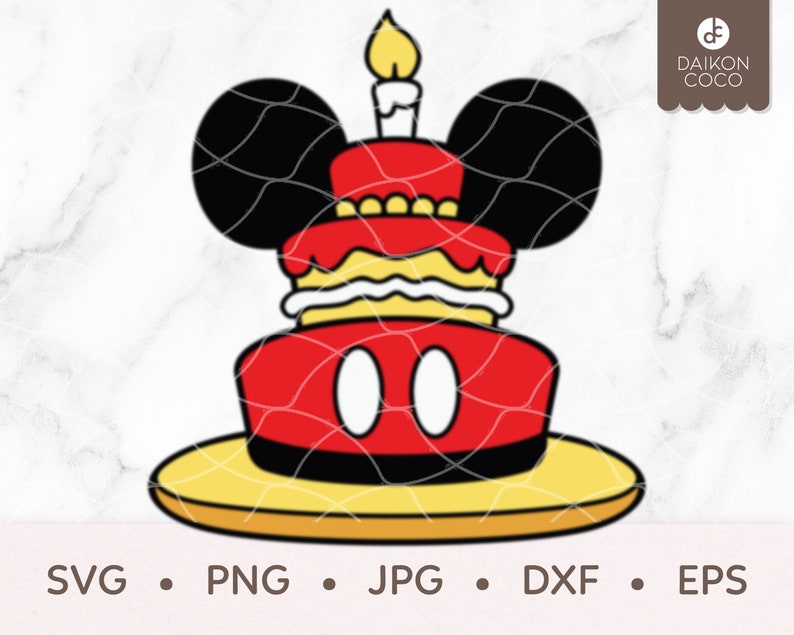 May include: A red, yellow, and white birthday cake with a single lit candle on top. The cake is shaped like Mickey Mouse's head with black ears and two black circles for eyes.