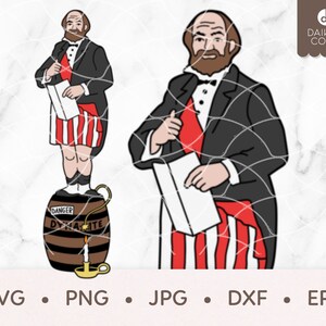 May include: A cartoon illustration of a man wearing a black suit and red and white striped pants. He is holding a white paper in his right hand and has a beard and mustache. He is standing on top of a brown barrel with the word "DANGER" and "DYNAMITE" written on it. The barrel is on a white background.