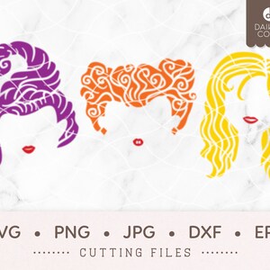 Könnte beinhalten: Drei Silhouettenbilder von Frauen mit verschiedenen Haarfarben. Die Frauen haben lila, orange und gelbes Haar. Die Bilder sind für Schneidedateien.