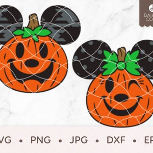 May include: Two black and white Mickey Mouse ears with a pumpkin face in the center. The pumpkin has a smiling face with a black nose and eyes. The pumpkin is orange with a green stem.