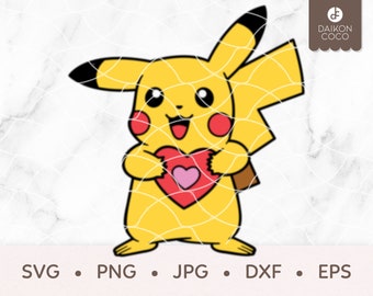 Pikachu Valentine SVG, Pikachu Heart SVG, Holding Heart SVG, Liefde, svg png jpg dxf eps Cricut Silhouette Cutting Files