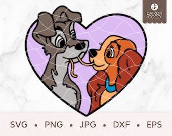 Lady and Tramp Valentine SVG, Lady Tramp Heart SVG, Dog Love SVG, svg png jpg dxf eps Cricut Silhouette Cutting Files