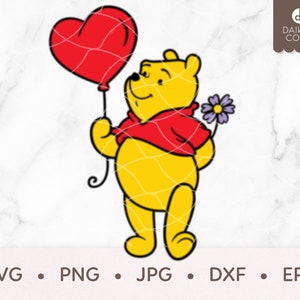 Winnie Pooh ballon SVG, hartballon SVG, Winnie Pooh Valentine SVG, bloem, svg png jpg dxf eps Cricut silhouet snijden-bestanden