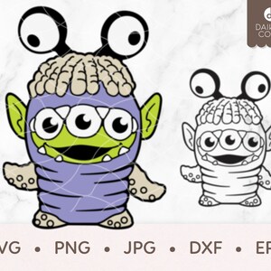 Puede incluir: Un monstruo de dibujos animados morado y verde con tres ojos y una gran sonrisa. El monstruo lleva un disfraz a rayas morado y blanco con un cuello de piel blanca. El monstruo tiene una cara verde y ojos grandes y redondos.