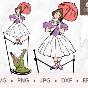 Puede incluir: Una ilustración digital de una mujer con un vestido morado y blanco, sosteniendo una sombrilla roja, caminando sobre una cuerda floja sobre la boca abierta de un cocodrilo. La mujer lleva guantes blancos y zapatos blancos. El cocodrilo es verde y tiene dientes afilados.