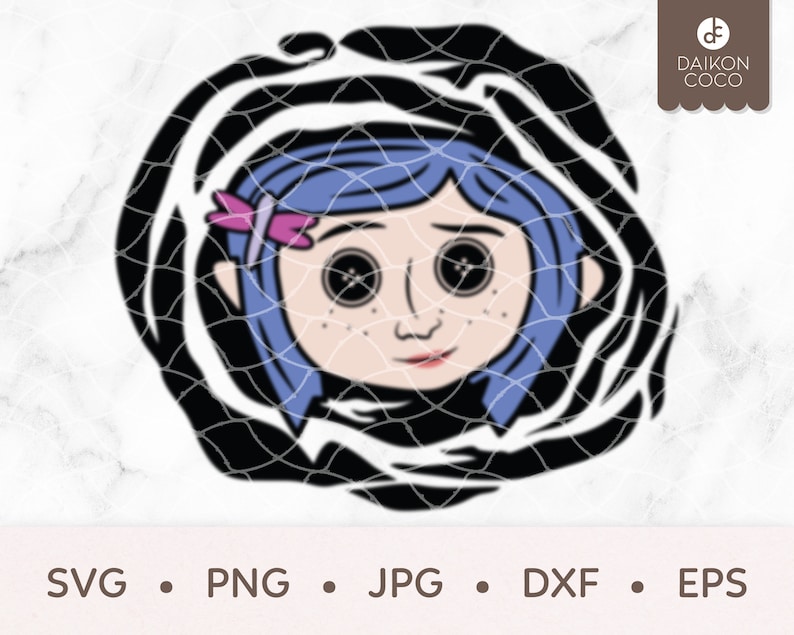 May include: A black and white swirl design with a blue-haired girl with large eyes and a pink flower in her hair. The girl is wearing a black turtleneck.