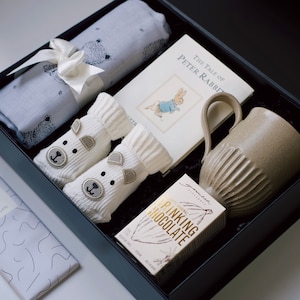 Baby Boy Girl Gift Box, Newborn, New Mom Gift, Baby Shower Gift, Gender Neutral Gift box, The Tale of Peter Rabbit Book, Mug, Hot Chocolate