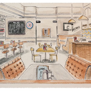 May include: A watercolor illustration of a diner interior with a counter, booths, and tables. The diner has a red, white, and blue sign that says "Monk's" and a menu board with handwritten items. The diner is decorated in a retro style with brown and beige tones.
