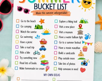 Summer Bucket List Druckbare PDF für Kinder & Jugendliche, Checkliste für Sommeraktivitäten, sofortiger Download