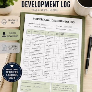 May include: A professional development log document on a green clipboard. The form includes fields for teacher name, school, and year, with a table tracking dates, activities, providers, hours, and notes. It measures 8.5 inches by 11 inches.