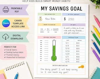 Kinder Ersparnisse Ziel Tracker Printable | Arbeitsblatt zum Geldsparen für Kinder | Homeschool Budget Aktivität