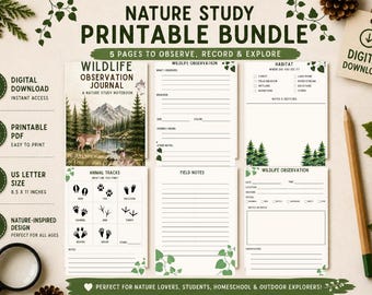 Naturstudie druckbare Bündel | Tier-Beobachtung Notizbuch | Tierspuren Arbeitsblatt | Homeschool Natur Einheit PDF