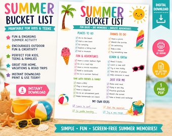 Summer Bucket List Druckbare PDF für Kinder & Jugendliche, Checkliste für Sommeraktivitäten, sofortiger Download
