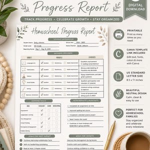 May include: A printable Homeschool Progress Report document featuring sections for student information, academic progress, learning skills, achievements, and goals. The layout includes tables with checkmarks, text fields, and a neutral design.