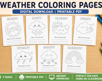 Wetter Malvorlagen für Kinder | Sonnig, Regnerisch, Bewölkt, Windig, Sturm, Schnee, Regenbogen (Digitaler Download)