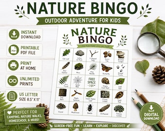 Natur Bingo druckbare, Outdoor Schnitzeljagd Spiel, Kinder Camping Aktivität (PDF-Download)