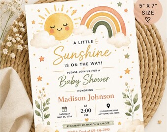 Sonnenschein-Babyparty-Einladungs-Vorlage | Boho Aquarell Regenbogen Wolken (Digitaler Download)