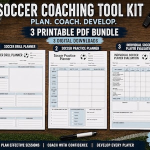 May include: A soccer coaching tool kit featuring three printable PDF documents: a soccer drill planner, a soccer practice planner, and an individual soccer player evaluation form. The bundle includes digital downloads for US letter size 8.5 x 11 inches.