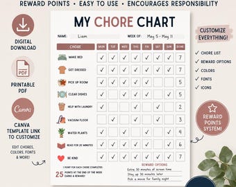 Kids Weekly Chore Chart Printable | Editierbarer Canva Reward Tracker (PDF Download)