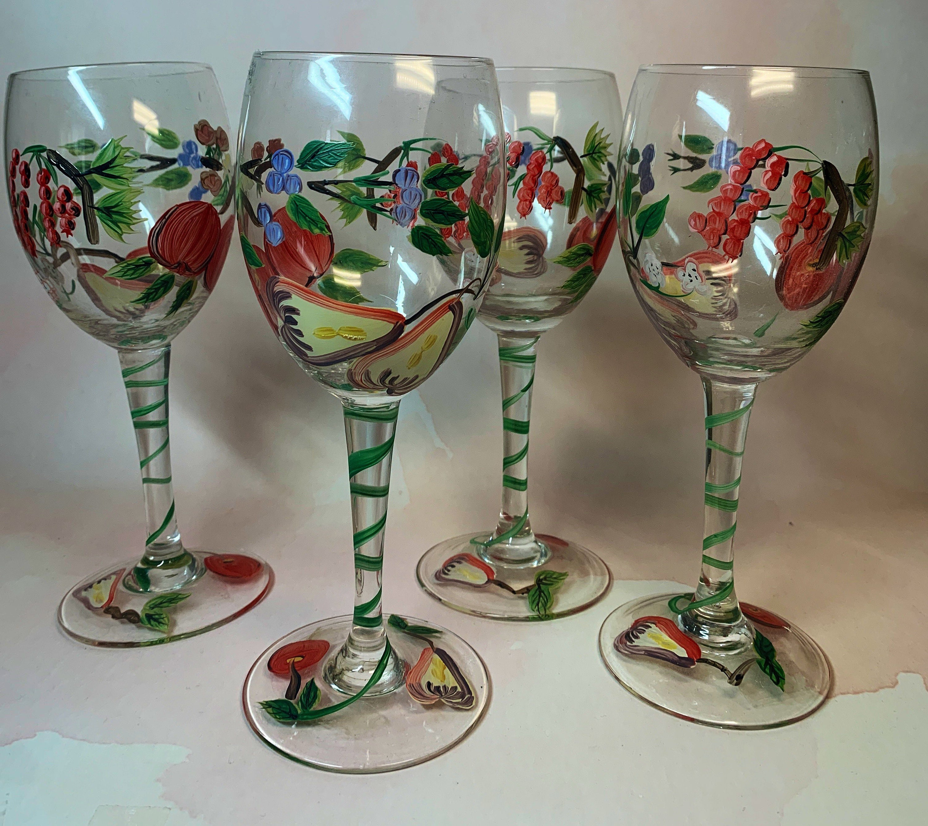 4 Golden Orchard Fruit Hand Painted Wine Glass Etsy UK