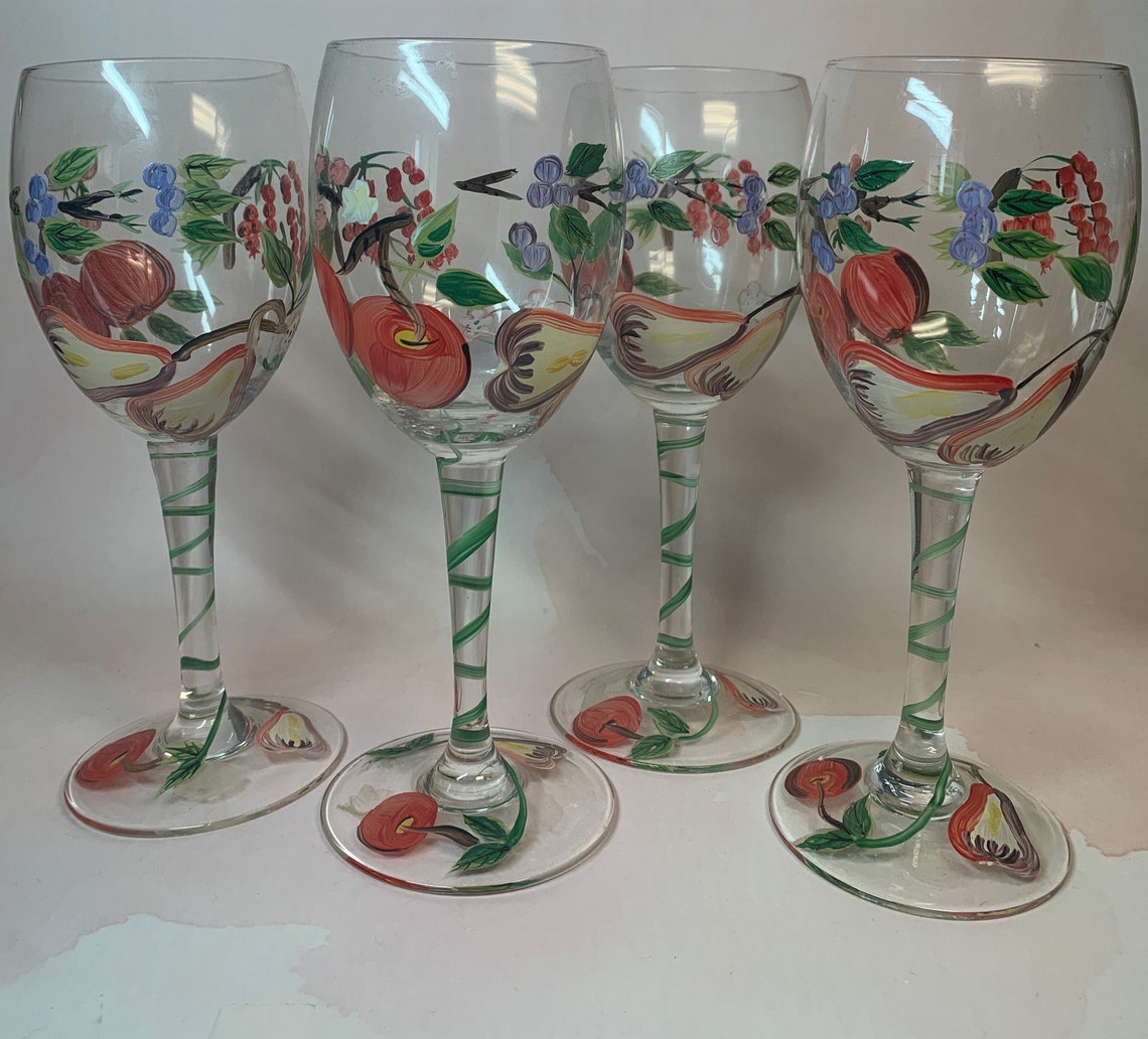 4 Golden Orchard Fruit Hand Painted Wine Glass Etsy