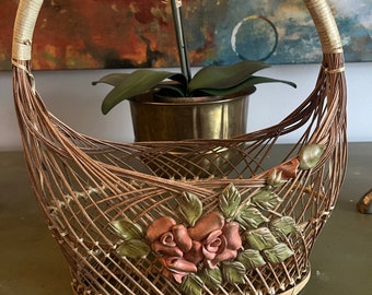 Wicker Vintage Handle Basket Flower Applique Primitive Woven Boho Prairie