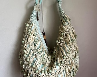 Y2K 2000s Hobo Slouchy Beaded Shoulder Bag Purse Ribbon Hippie Boho Festival Bohemian