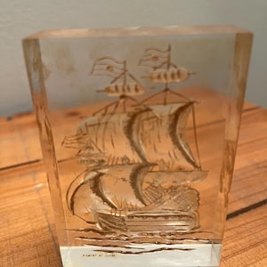Vintage Lucite Sailboat Paperweight, Handcarved Sailboat, Acrylic, Nautical, Home Decor, Sailing, Boats, Etched Ships,Oddities