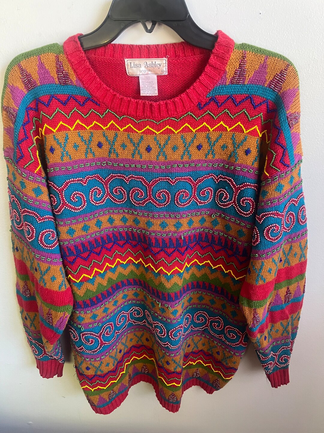Vintage Chunky Knit Sweater/ Beaded / Embroidered/ 90s / Vintage