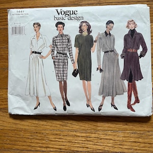 May include: Vogue Basic Design sewing pattern 1441. The pattern features illustrations of five different dress designs. The pattern envelope is white with black text and illustrations. The size range is 8-10-12.