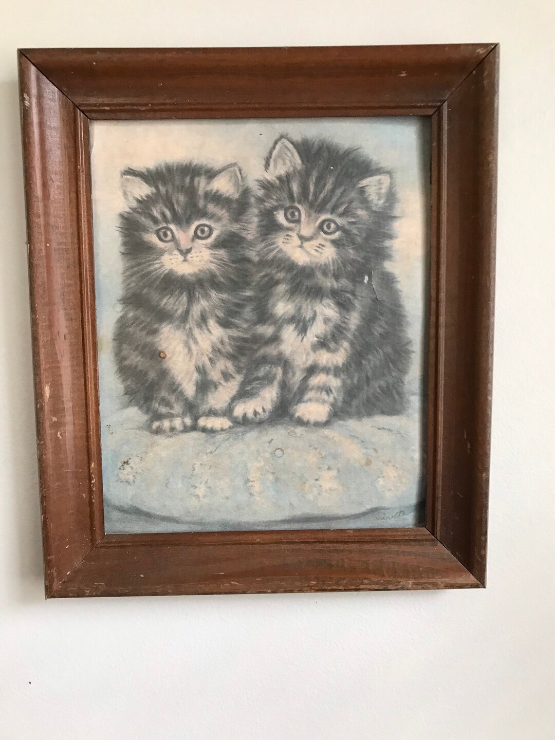 Old Vintage Cat Painting Drawing Print Signed Art Kittens Cats Etsy