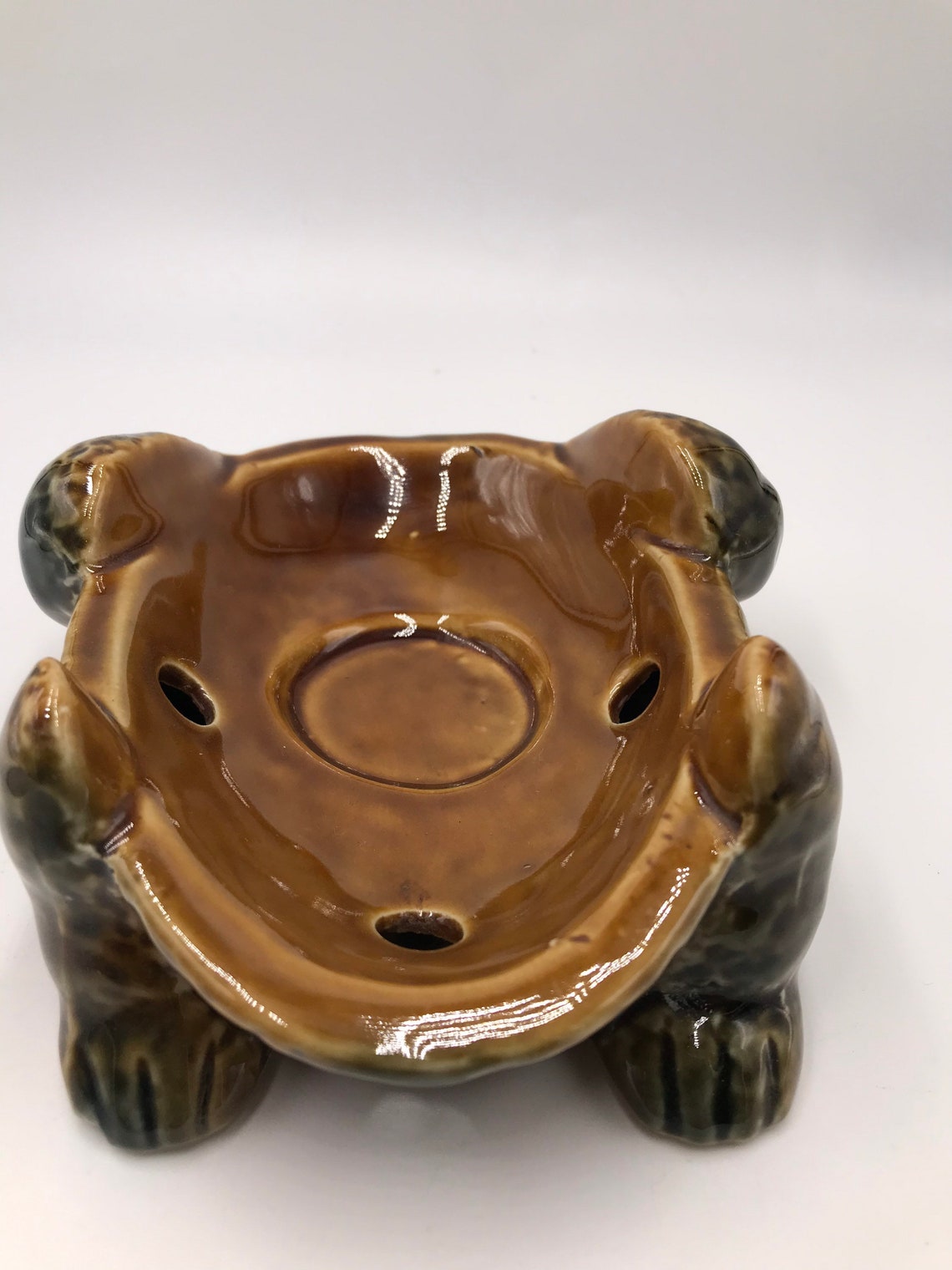 Vintage Frog Soap Dish Brown & Green Glazed Dripped Bathroom Etsy