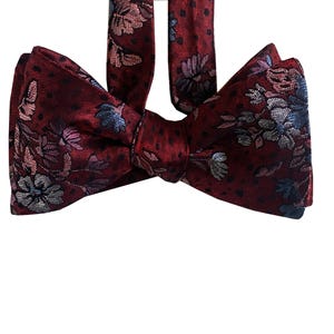 Silk Bow Tie - Colorful Flowers on Burgundy Bow Tie - One-of-a-kind, Handcraft, self-tie