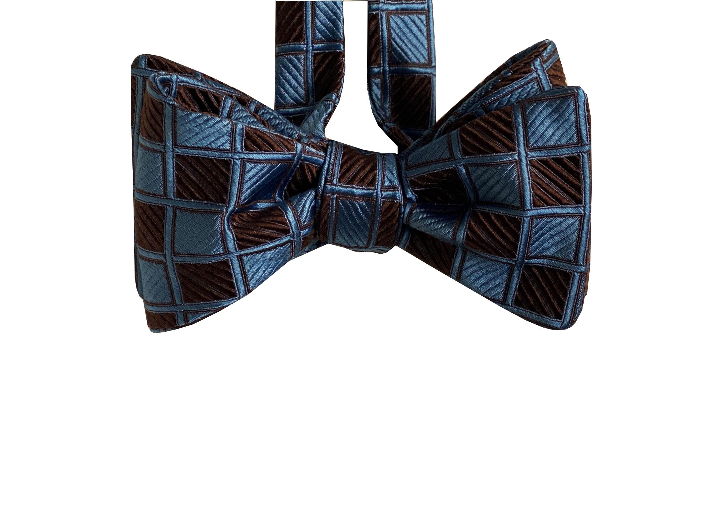 男性用シルク蝶ネクタイ - チェッカーボード - ブルー＆ブラウンの蝶