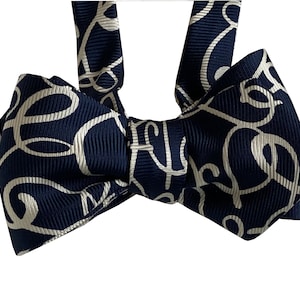 Men&#39;s silk Bow Tie - Ribbons - Navy Blue Bow Tie - One of a Kind - Handcrafted - Self-Tie